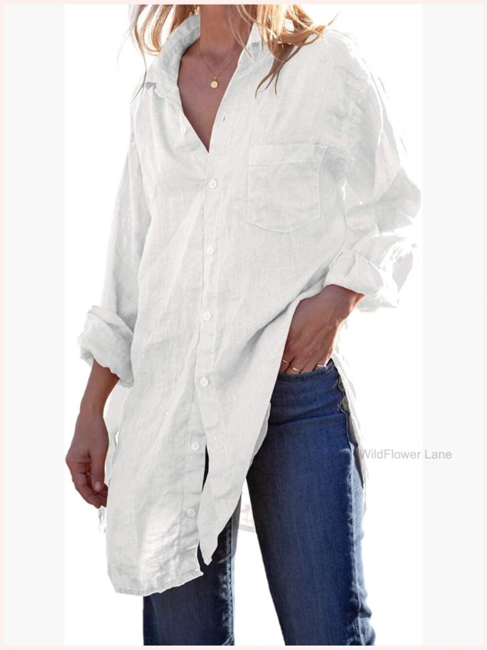 Linen Cotton Long Sleeve Button Down Tunic Cover Up Shirt Dress